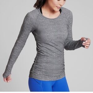 Athleta Speedlight Long Sleeve Shirt Top Womens Large Gray Heather Ruched